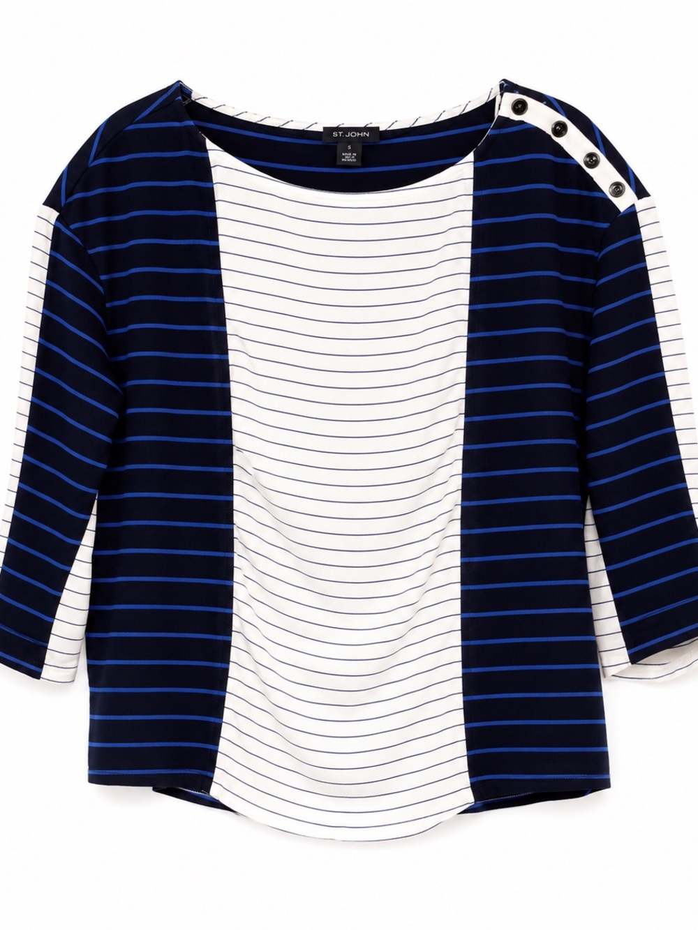 EUC! St. John Navy & White Striped Boatneck Top with Shoulder Buttons